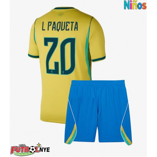 Camiseta Brasil Lucas Paqueta #20 Primera Equipación para niños Mundial 2026 manga corta (+ pantalones cortos)